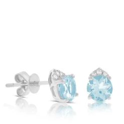 Aquamarine & Diamond Stud Earrings 14K Clearance