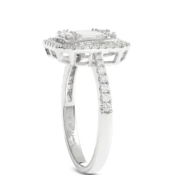 Baguette and Round Cut Halo Diamond Engagement Ring, 14K White Gold Sale