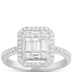 Baguette and Round Cut Halo Diamond Engagement Ring, 14K White Gold Sale