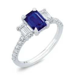 Bella Ponte 3-Stone Emerald Cut Sapphire and Diamond Engagement Ring, 14K White Gold New