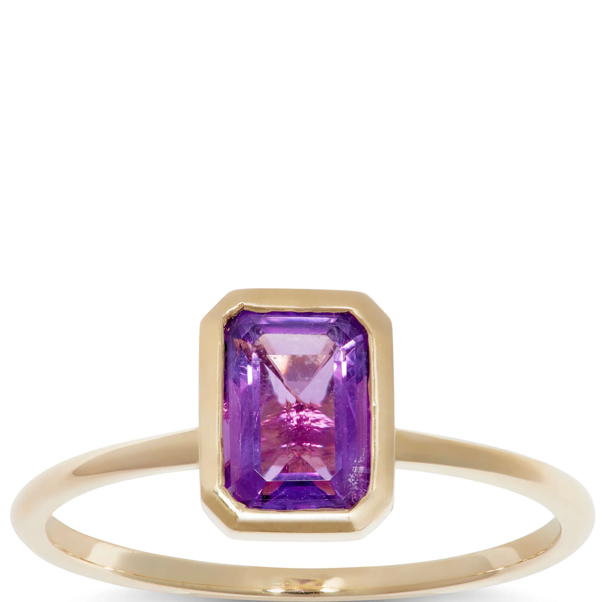 Bezel Set Emerald Cut Amethyst Ring 14K