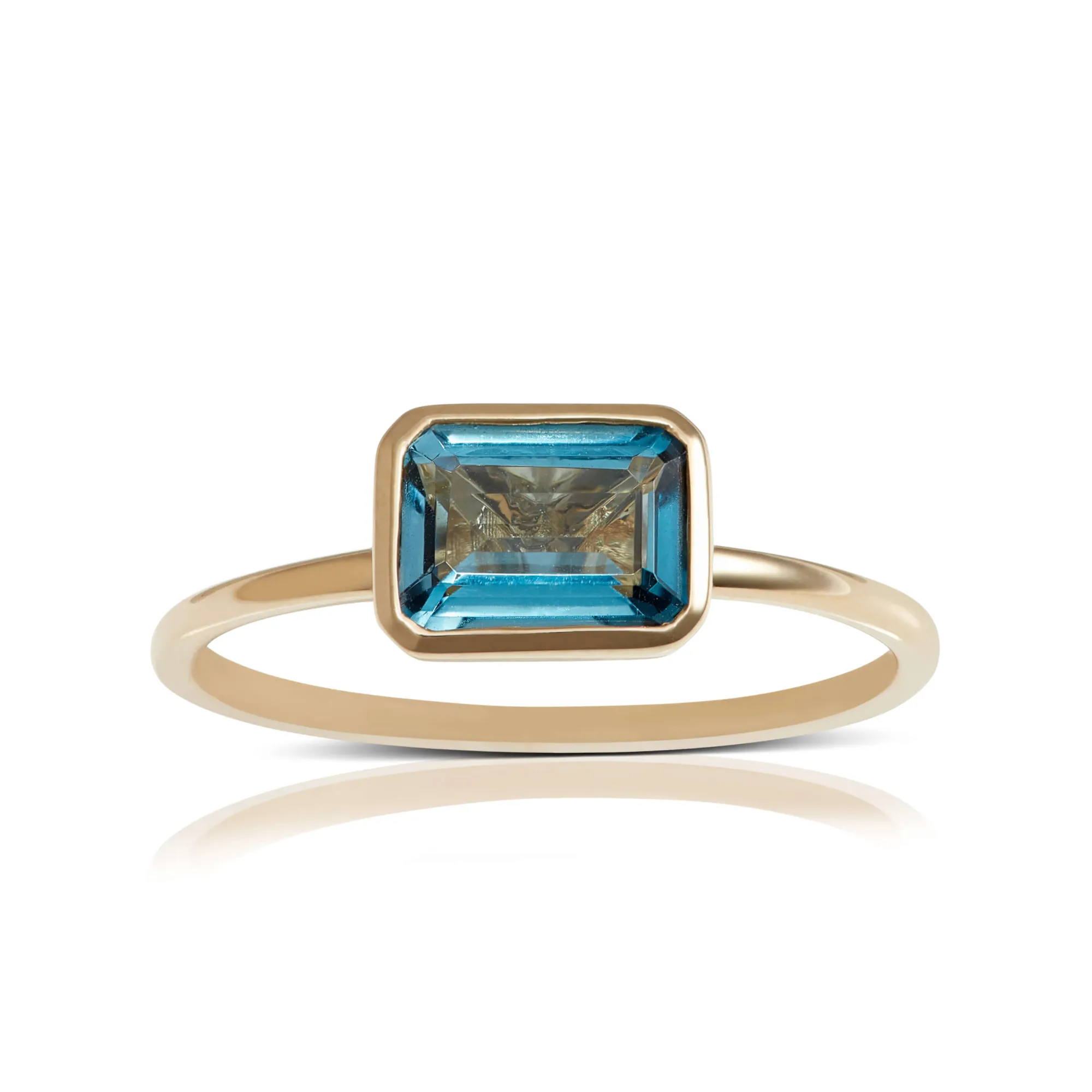 Bezel Set Emerald Cut Blue Topaz Ring 14K Hot