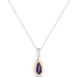 Bezel Set Pear Shaped Amethyst Pendant, 14K White and Yellow Gold Clearance