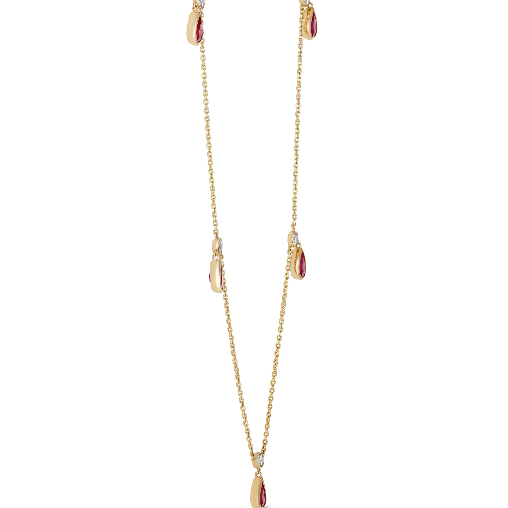 Bezel Set Pear Shaped Ruby Drops Necklace, 14K Yellow Gold Sale