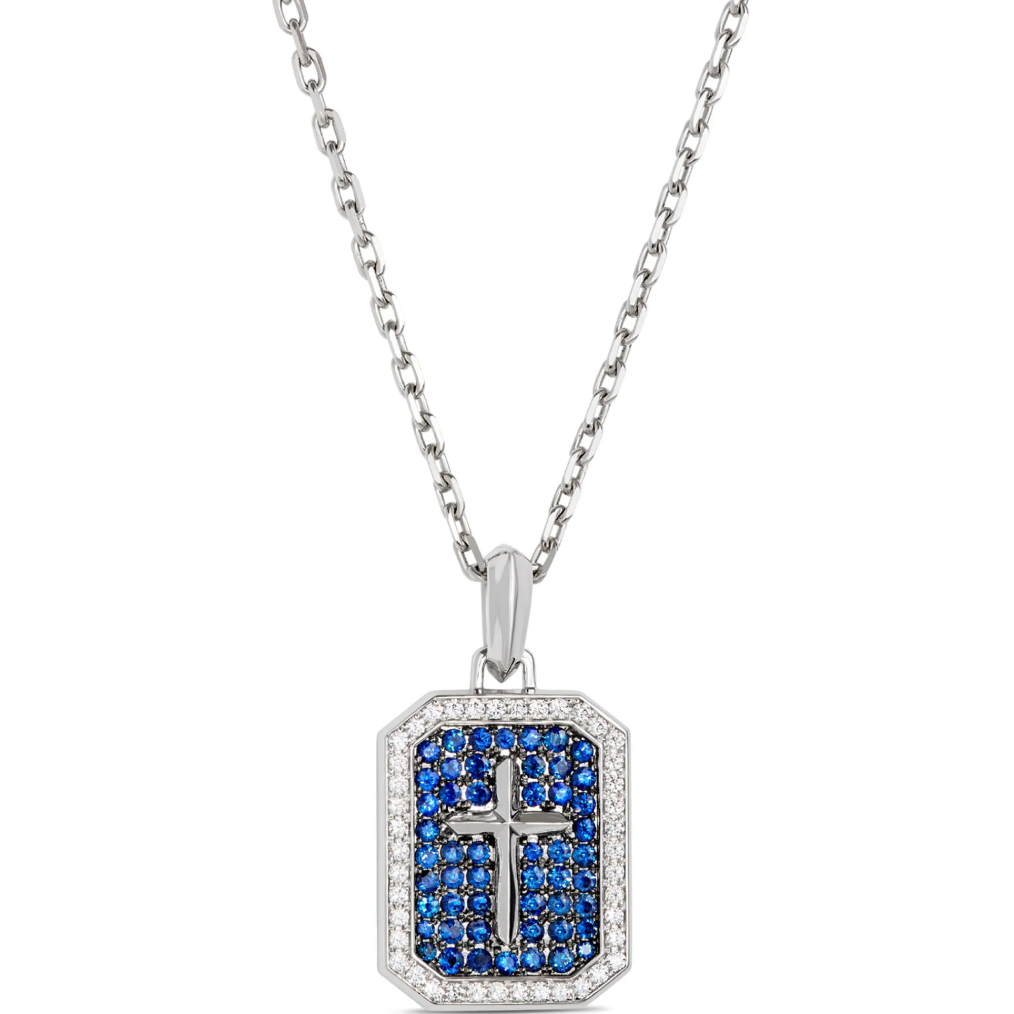 Blue Sapphire and Diamond Dog Tag Necklace, 18K White Gold Hot