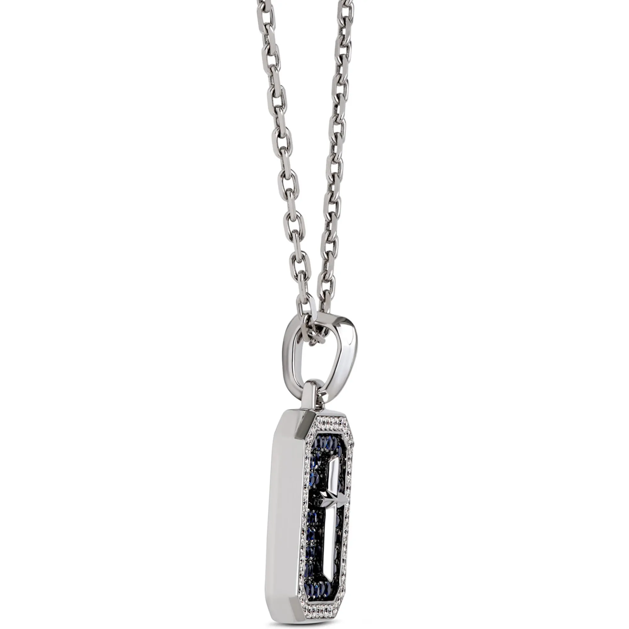 Blue Sapphire and Diamond Dog Tag Necklace, 18K White Gold Hot
