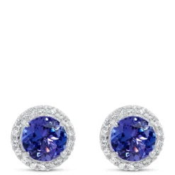 Blue Tanzanite and Diamond Halo Studs, 14K White Gold Outlet