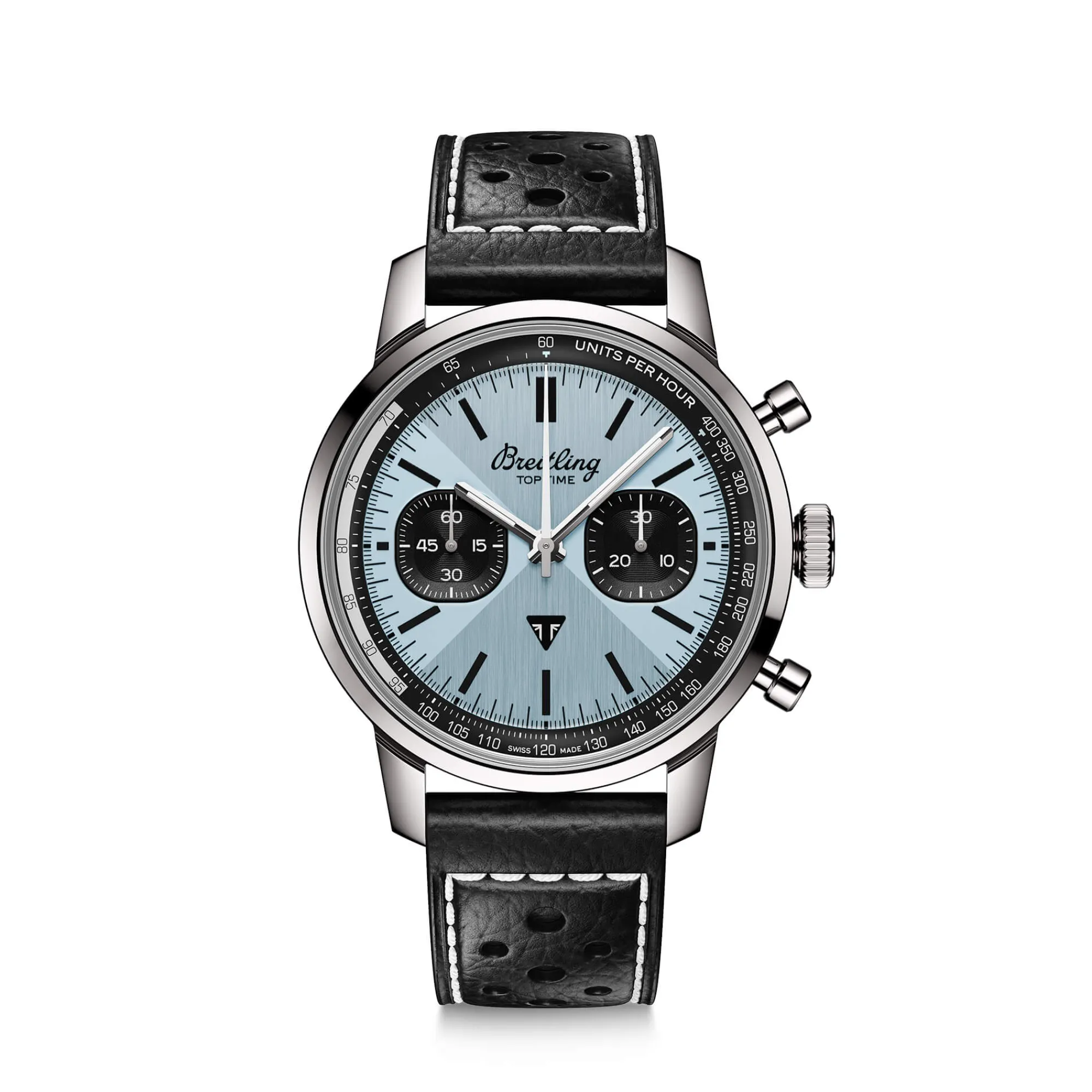 Breitling Top Time B01 Chronograph Watch Ice Blue Dial Black Leather Strap, 41mm New