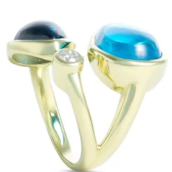 Cabochon Ring with Pear Shaped Blue Topaz Gemstones and Bezel Set Diamond, 14K Yellow Gold Discount