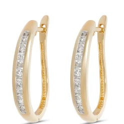 Channel Set Baguette and Round Diamond Hoops, 14K Yellow Gold New