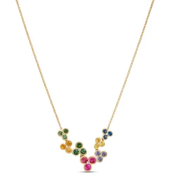 Classic Round Rainbow Sapphire Clusters Necklace, 14K Yellow Gold New