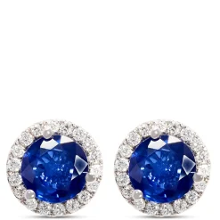 Classic Round Sapphire and Diamond Halo Studs, 14K White Gold Discount