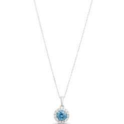 Classic Round Sapphire Diamond Halo Necklace, 1/10 Total Carat Weight, 14K White Gold Online