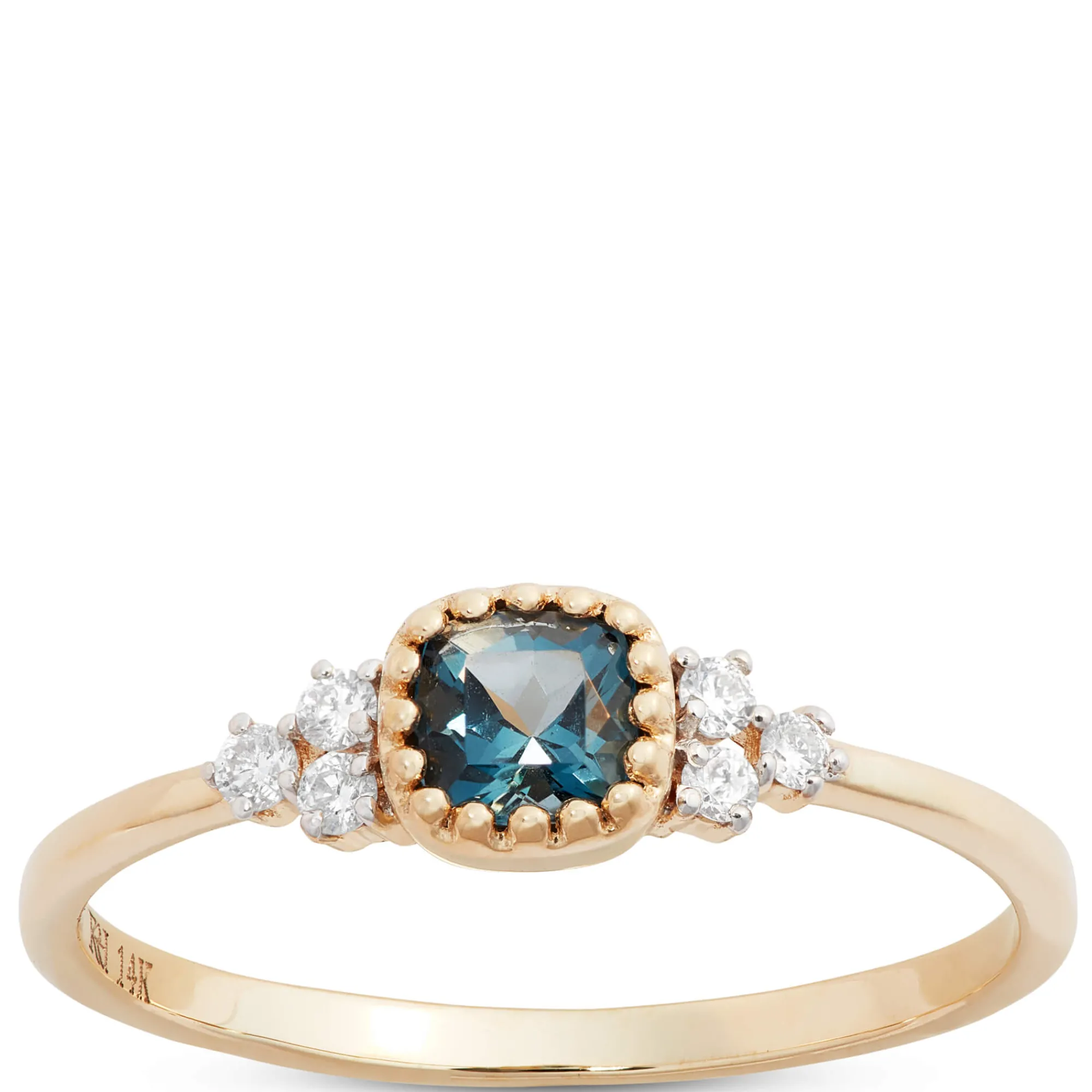 Cushion Cut Blue Topaz and Diamond Ring, 14K Yellow Gold Clearance