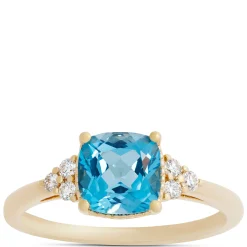 Cushion Cut Blue Topaz and Diamond Ring, 14K Yellow Gold New