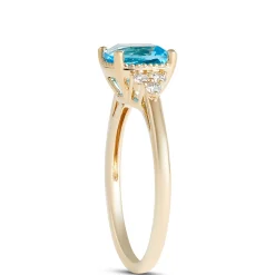 Cushion Cut Blue Topaz and Diamond Ring, 14K Yellow Gold New