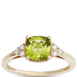 Cushion Cut Peridot and Diamond Ring, 14K Yellow Gold Best