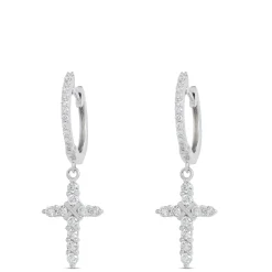 Diamond Cross Dangle Earrings, 14K White Gold Discount