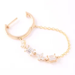 Diamond Dangle Chain Hoops, 14K Yellow Gold New