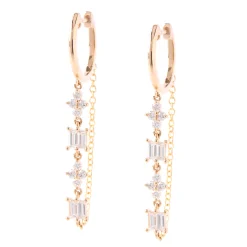 Diamond Dangle Chain Hoops, 14K Yellow Gold New