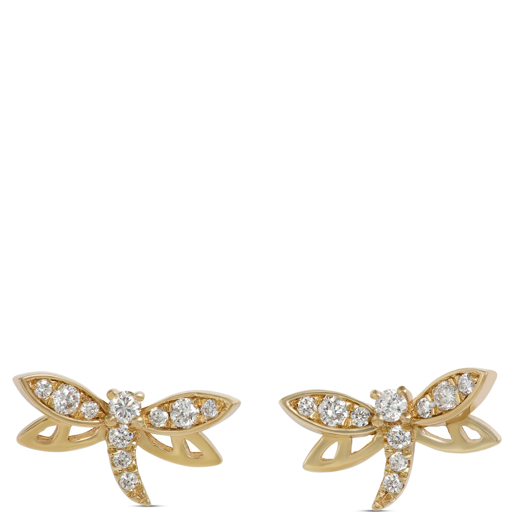 Diamond Dragonfly Studs, 14K Yellow Gold New
