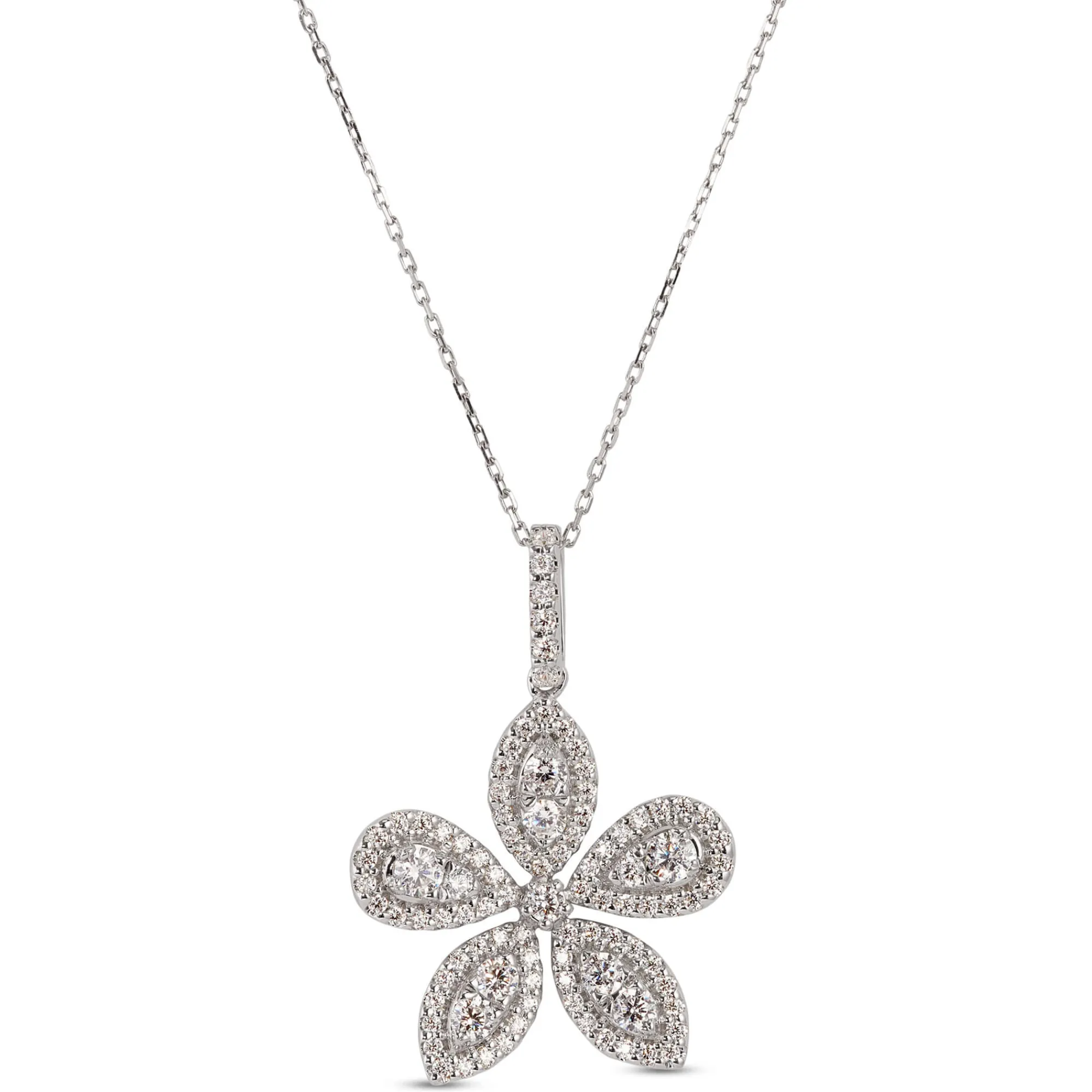 Diamond Flower Shaped Pendant Necklace, 14K White Gold Discount