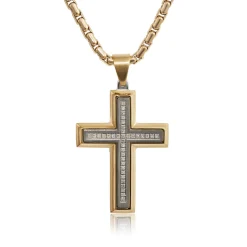 Diamond, Stainless Steel and Ion Plated Gold Cross New