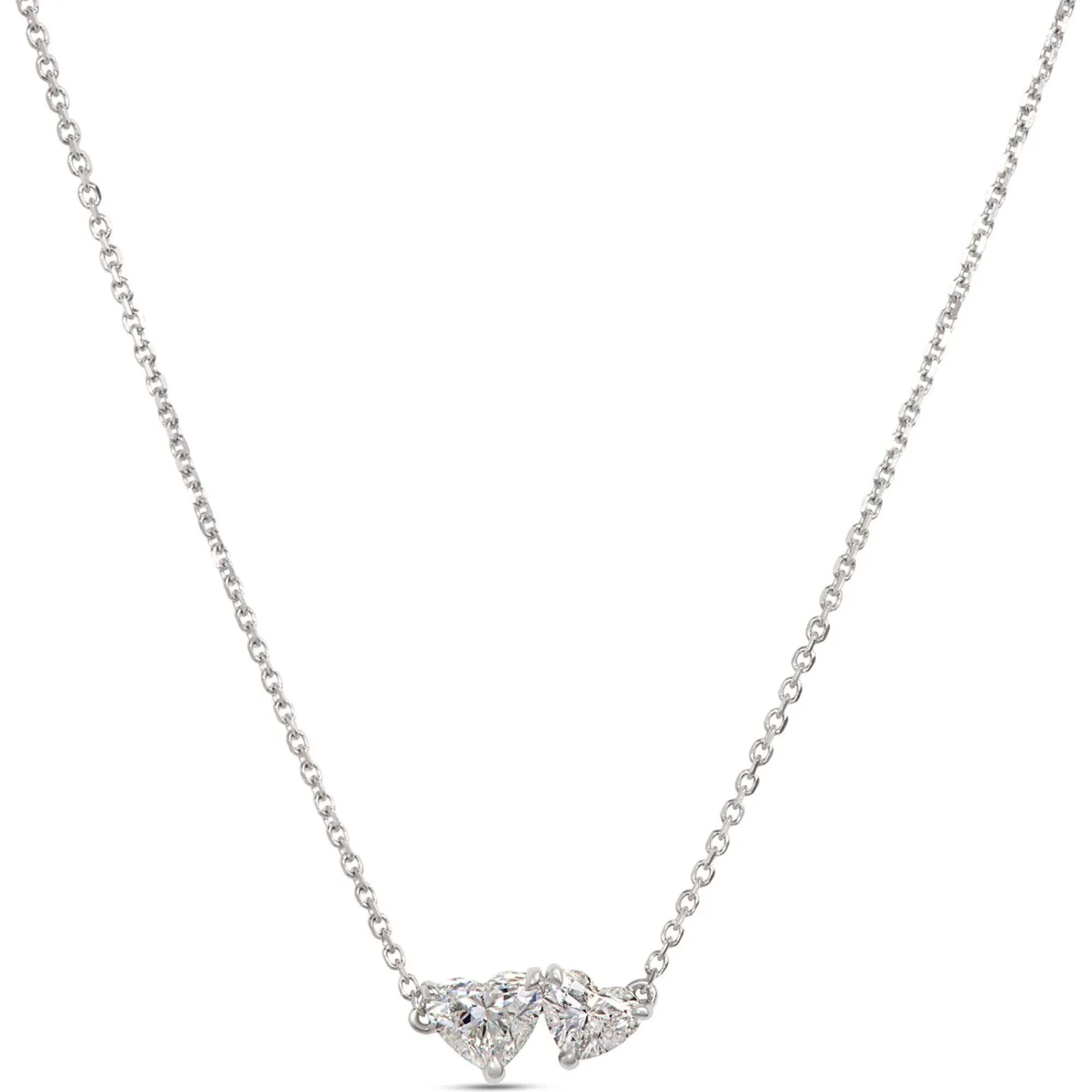 Double Heart Diamond Necklace, 14K White Gold New