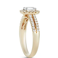 Double Shank Emerald Cut Diamond Halo Ring in 14K Yellow Gold Sale