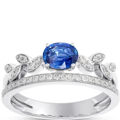 Elegant Oval Sapphire Leaf Pattern Ring with Diamonds, 14K White Gold Discount
