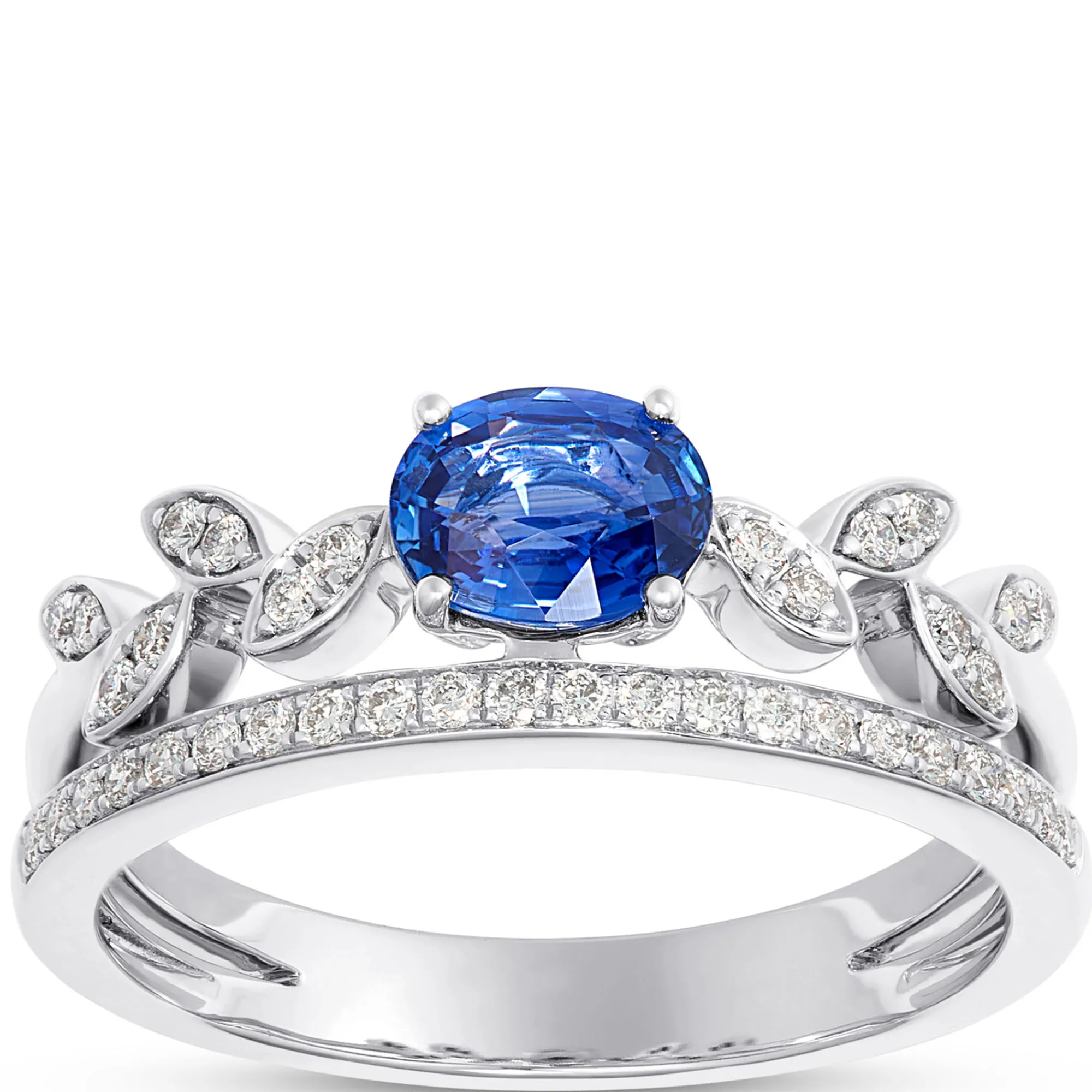 Elegant Oval Sapphire Leaf Pattern Ring with Diamonds, 14K White Gold Discount