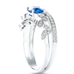 Elegant Oval Sapphire Leaf Pattern Ring with Diamonds, 14K White Gold Discount