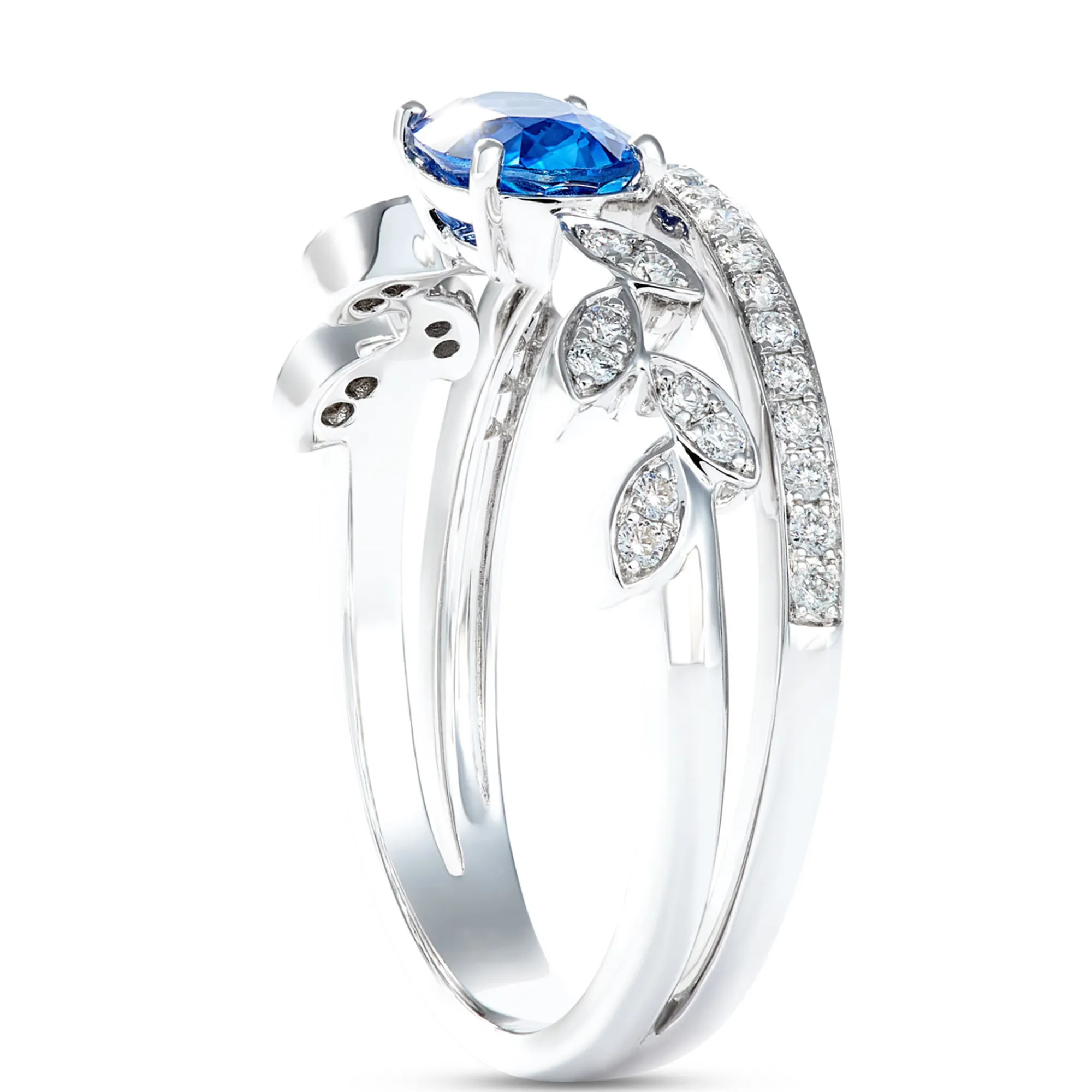 Elegant Oval Sapphire Leaf Pattern Ring with Diamonds, 14K White Gold Discount