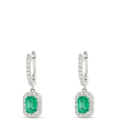 Elegant Square Emerald Earrings with Diamonds, ½ Carat, 14K White Gold New
