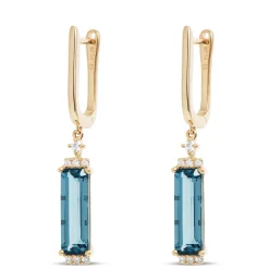 Emerald Cut Blue Topaz Drop Earrings, 14K Yellow Gold