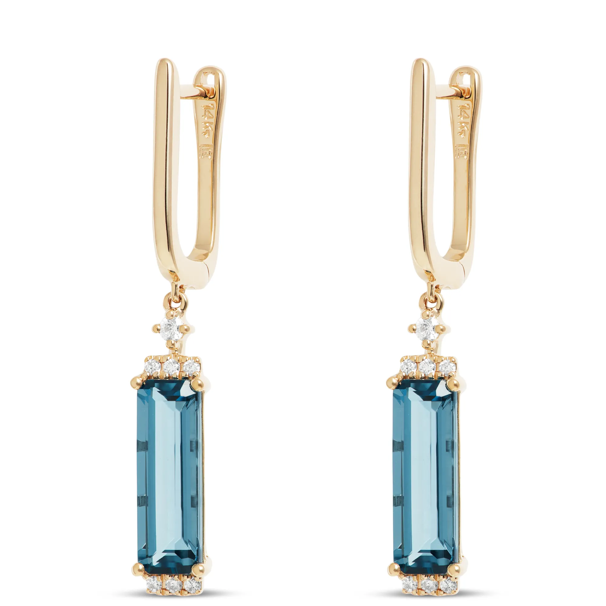 Emerald Cut Blue Topaz Drop Earrings, 14K Yellow Gold