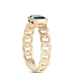 Emerald Cut Blue Tourmaline Linked Shank Ring, 14K Yellow Gold Sale