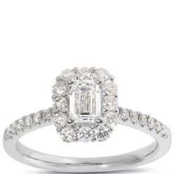 Emerald Cut Diamond Halo Bridal Ring, 14K White Gold