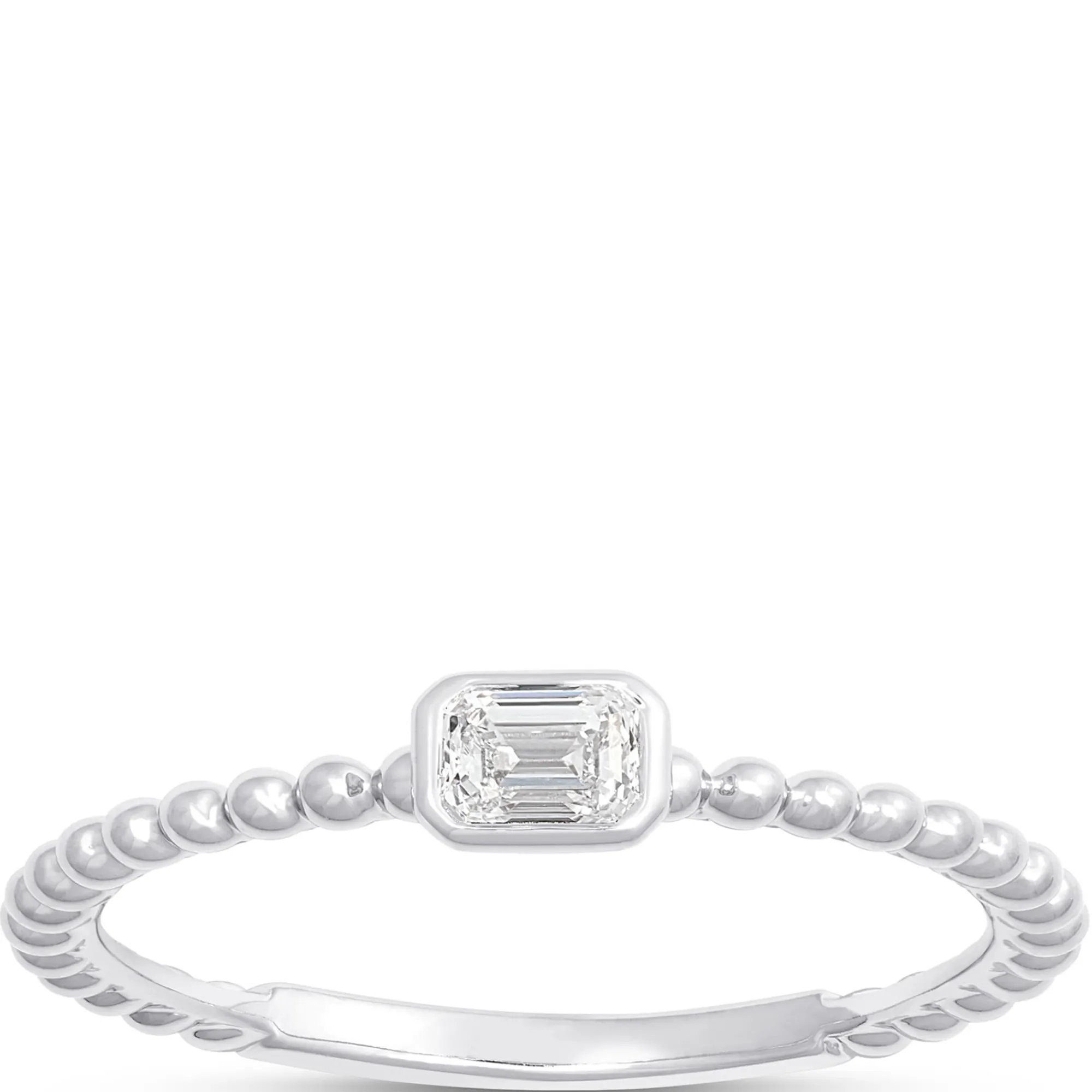 Emerald Cut Diamond Ring with Beaded Shank, 14K White Gold New