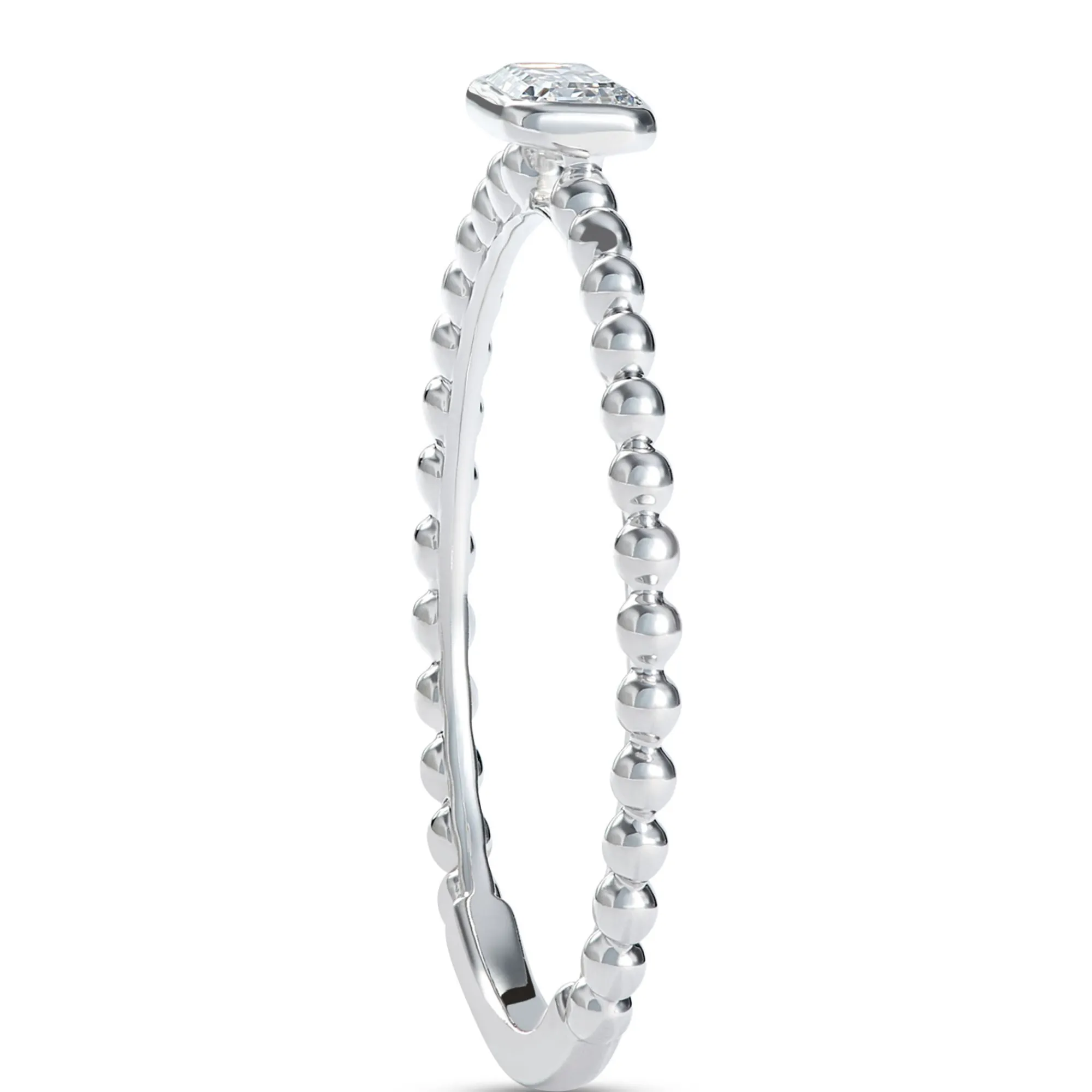 Emerald Cut Diamond Ring with Beaded Shank, 14K White Gold New