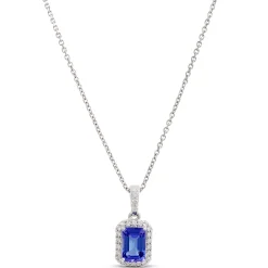Emerald Cut Tanzanite Pendant with Diamond Halo, 14K White Gold Sale