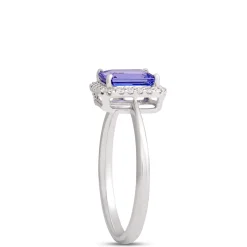 Emerald Cut Tanzanite Ring with Diamond Halo, 14K White Gold Sale