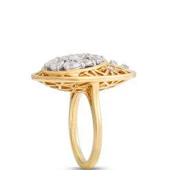 Filigree Ring With Oval Diamond Cluster, 14K Yellow Gold Size 6.5 New