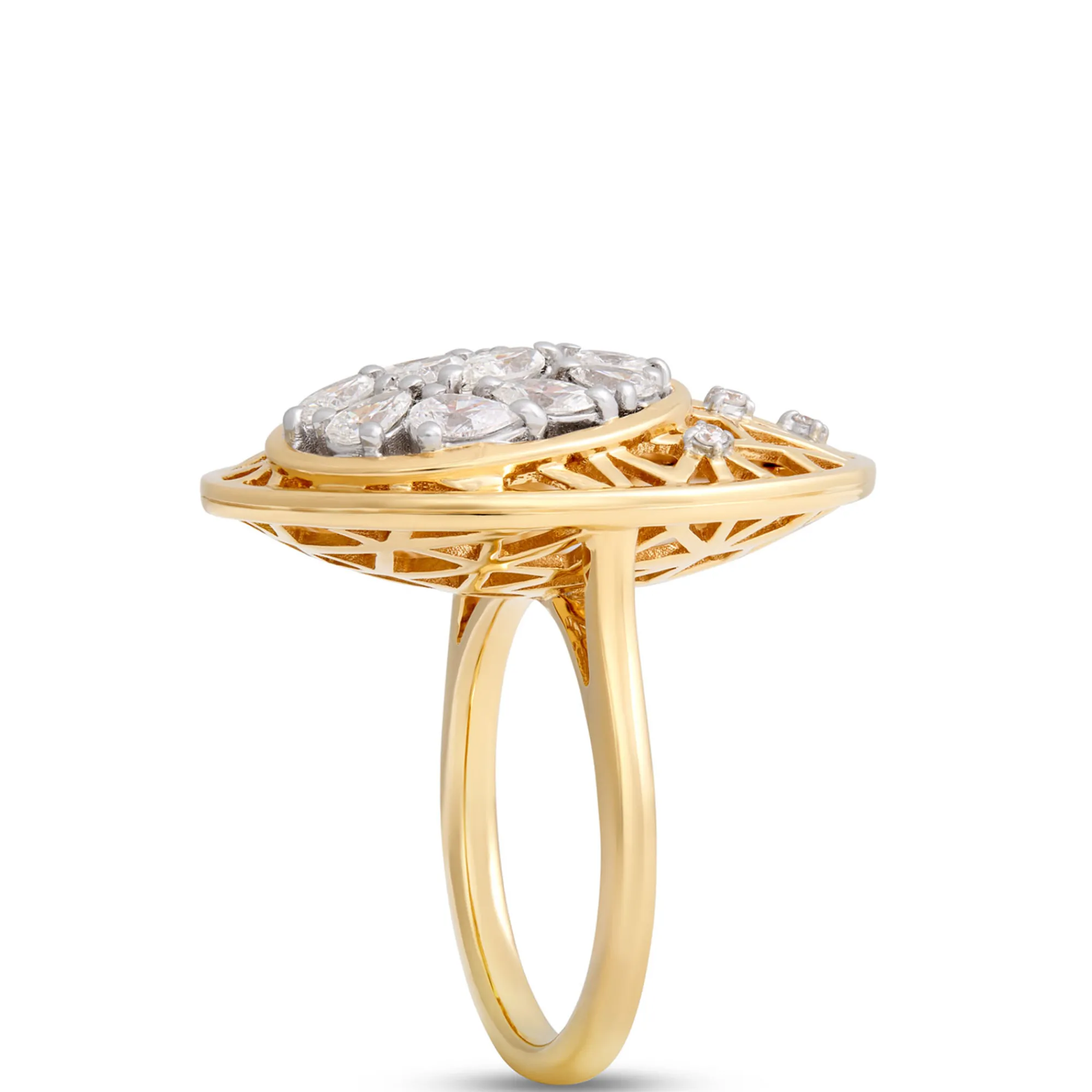 Filigree Ring With Oval Diamond Cluster, 14K Yellow Gold Size 6.5 New