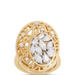 Filigree Ring With Oval Diamond Cluster, 14K Yellow Gold Size 6.5 New