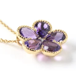Flower Shaped Amethyst and Diamond Pendant, 14K Yellow Gold Online