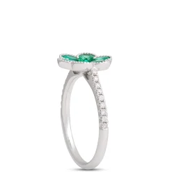 Flower Shaped Emerald Ring, 14K White Gold Outlet