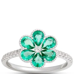 Flower Shaped Emerald Ring, 14K White Gold Outlet