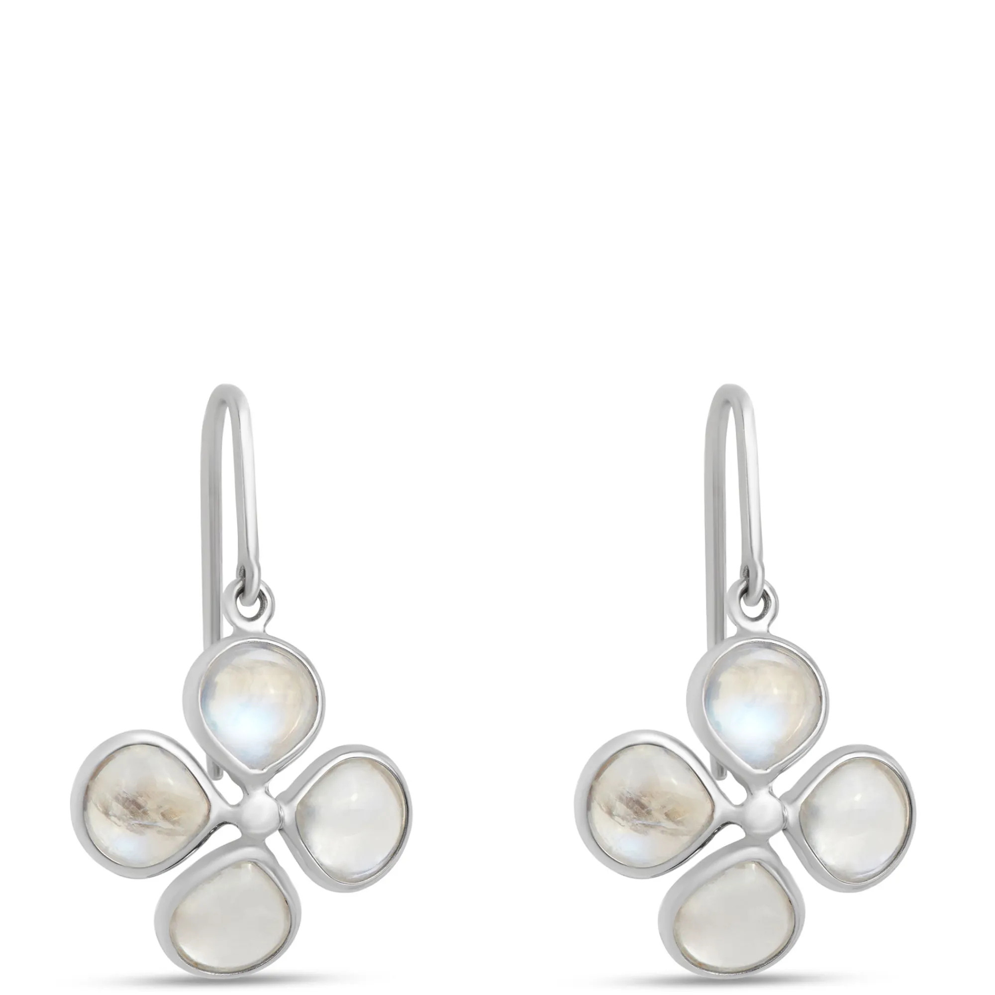 Flower-Shaped Rainbow Moonstone Earrings, Sterling Silver New