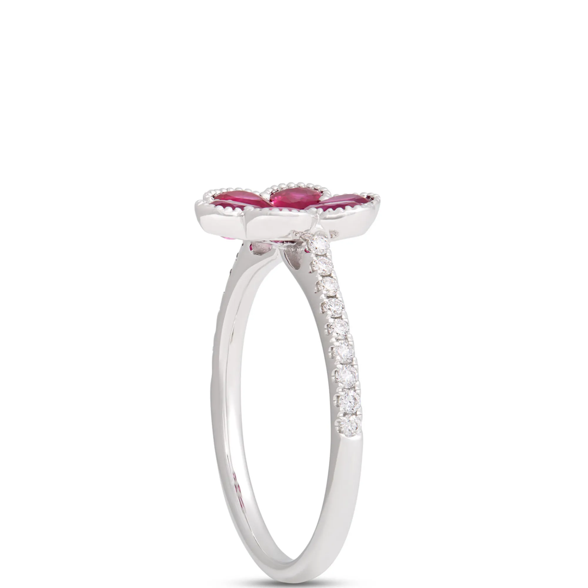 Flower Shaped Ruby Ring, 14K White Gold Best
